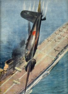 Kamikaze Abe attaquant un porte-avions britannique, illustration tirée de "La Domenica del Corriere", 5 novembre 1944 (impression)
