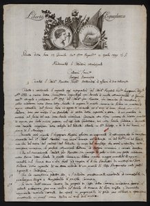 Lettre en italien, avec une représentation de la tête de Brutus le Jeune, une main brûlante représentant Gaius Mucius Scaevola, et la devise de la Révolution française - Italian School