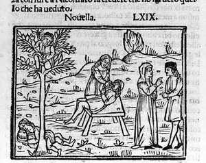 Lidia, une femme adultère, est surprise par son mari dans les bras de Pirro. Illustration pour la nouvelle 69 (Nouvelle 9 du septième jour) du "Décaméron" de Giovanni Boccaccio (1313-1375), écrivain italien. Gravure dans "Decamerone ouer Cento novelle" Ven - Italian School