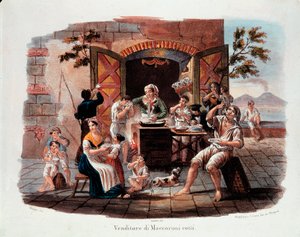 Petit métier napolitain : un vendeur de maccheroni cuits. Au loin le Vésuve sur la baie de Naples. Lithographie du 19ème siècle