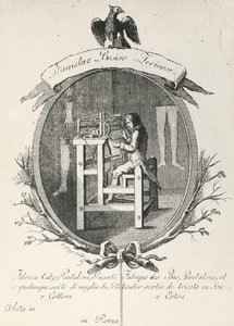 Métier à tisser pour la fabrication de chaussettes, pantalons et gants, gravure pour une affiche publicitaire de la société Stanislaus Bosiso - Italian School