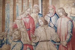 Lorenzo le Magnifique parmi les sculpteurs et les peintres au jardin des Médicis à San Marco. Tapisserie 1516. Gênes. Italie. - Italian School