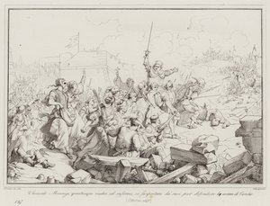 Luigi Leonardo Mocenigo, bien que vieux et malade, se fait porter par les siens pour défendre (gravure) - Italian School