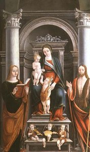 Madone et Enfant recevant une rose du petit Saint Jean-Baptiste, avec des saints et des anges par M.B. (monogramme) - Italian School
