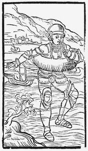 Homme avec une bouée de sauvetage, illustration de Historia de Gentibus Septentrionalibus par Olaus Magnus (1490-1558), publié à Rome, 1555