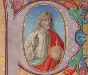 Enluminure manuscrite avec Salvator Mundi dans une initiale P, d