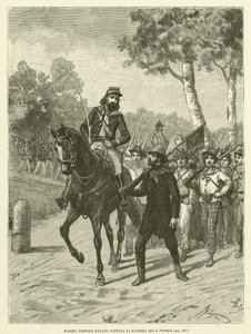 Mazzini, simple soldat, portait le drapeau Dieu et Peuple (gravure) - Italian School