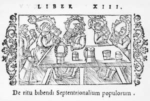 Hommes buvant, illustration de Historia de Gentibus Septentrionalibus par Olaus Magnus (1490-1558), publié à Rome, 1555 - Italian School