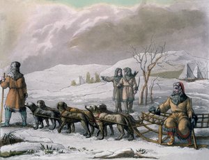 Hommes de Kamtchatka, avec un traîneau à chiens, de Costumi dei... par Giulio Ferrario, vers 1820-30 - Italian School
