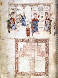 Page miniature de « Ecloga Legum », manuscrit juridique datant de 1175. Les personnages représentés sont de gauche à droite Justinien Ier (482 - 565), Léon Ier (457-474) et Constantin Ier le Grand (270/288 - 337). Venise, bibl. Marciana. - Italian School