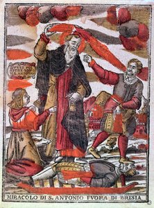 Miracle de Saint Antoine le Grand guérissant un homme empoisonné (gravure sur bois en couleur) - Italian School