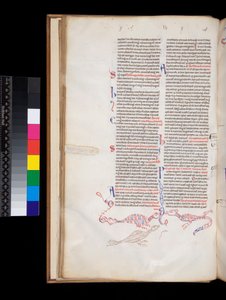 Ms 164. Pierre Lombard, Sententiae, f.15v. Décoration à la plume en bas de page développée en hybrides oiseau/dragon