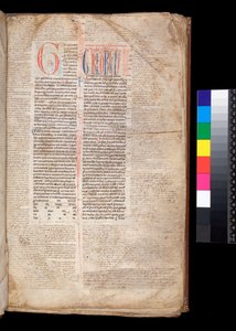 Ms 213. Grégoire IX, Decretales avec Apparatus par Bernardo Botone de Parme, F.1r. Initiale [G] en rouge avec décoration réservée et à la plume bleue