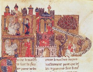 Ms 269 Fol.108 Aristote (384-322 av. J.-C.) instruit Alexandre le Grand (356-323 av. J.-C.) en morale et en mépris des femmes, du Livre du Trésor par Brunetto Latini (1220-94) - Italian School