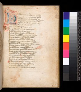 Ms 315. Horace, Ars Poetica et Epistulae, f.1r. Initiale décorée [N] en remplissage damassé bleu et rouge et travail de plume environnant en rouge