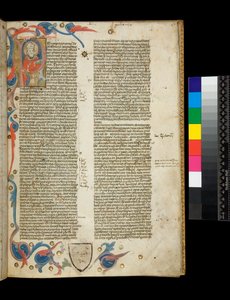 Ms 370. Orose, Historiarum Adversum Paganos Libri Septem, f.2r. Initiale habitée illuminée [P], avec portrait de l
