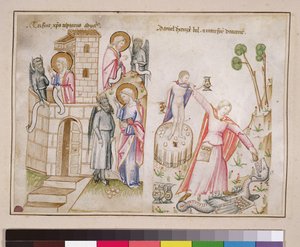 Ms 43-1950 (5v) Tentation du Christ, Daniel détruisant Bel, du Speculum Humanae Salvationis - Italian School