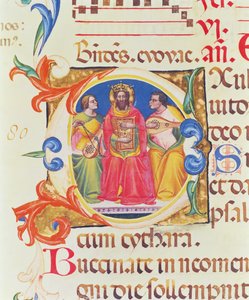 Initiale historiée O représentant le roi David et deux anges, du Psautier de Santa Maria Novella, illuminé par Paolo Soldini (fl.1342-86) 1379 - Italian School