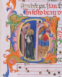 Ms 559 f.298v Initiale historiée G représentant Saint Dominique soutenant l