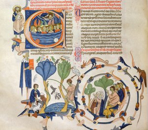 Ms 766 Le Christ parlant aux anges et scènes de la vie quotidienne médiévale (agriculture, pêche et prière, miniatures du Liber Quatuor Sententiarum (Livre des Sentences) par Petrus Lombardus - Italian School