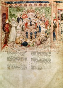 Ms Fr 343 fol.3 Sir Galahad est accueilli à la Table Ronde, de la Queste del Saint Graal, c.1380-85 - Italian School