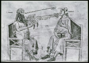 Ms Lat 6823 fol.2 Averroès (1126-98) en conversation avec Porphyre (c.232-c.305) - Italian School