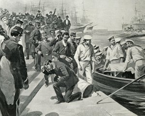 Mutinerie du cuirassé russe Potemkine débarquant dans le port de Constanta en Roumanie, Illustration de L