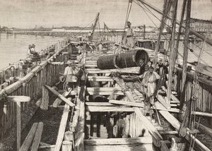 Nouveau aqueduc à Venise, pose du canal dans la lagune, Italie, gravure d