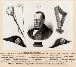 Objets utilisés par Camillo Benso comte de Cavour (1810-1861) - chapeaux et insignes de ses fonctions politiques et diplomatiques, avec le grand cordon de l