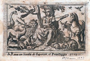 Orphée jouant parmi les animaux. (gravure sur bois)