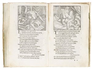 Page de "Sonetti Lussuriosi" de Pietro Aretino, illustrée par Giulio Romano et gravée par Marcantonio Raimondi, publiée à Venise, c.1527 - Italian School