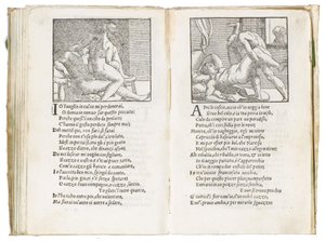 Page de "Sonetti Lussuriosi" par Pietro Aretino, illustrée par Giulio Romano et gravée par Marcantonio Raimondi, publiée à Venise, vers 1527 - Italian School