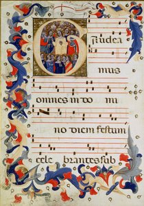 Page de notation musicale avec une initiale historiée G représentant un groupe de saints avec Sainte Ursule au milieu, École de Bologne - Italian School