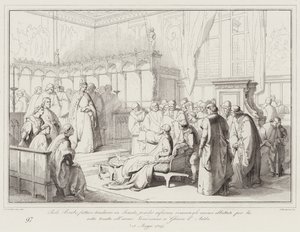 Paolo Barbo, se faisant traduire au Sénat, car malade, encourage les esprits abattus par la défaite (gravure) - Italian School