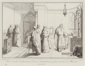 Pietro Orseolo I abandonne le trône et la patrie pour devenir moine en France, 978 (gravure) - Italian School