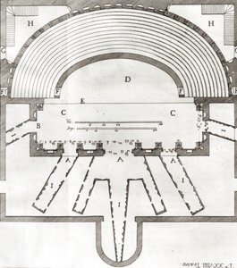 Plan du Théâtre Olympique, Vicence, conçu par Andrea Palladio (1508-80) construit en 1580-85 - Italian School