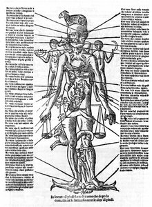 Planche représentant un corps humain avec la position de tous les organes et les signes du zodiaque correspondants par leurs influences astrologiques. Planche tirée de "Recetoro di Galeno optio e probato a tutte le infirmita che accadeno a huomini e a donn - Italian School