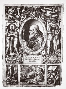 Pape Pie V, avec vignettes de la bataille de Lépante, de Vita del Gloriosissimo Papa Pio Quinto, pub. 1586 - Italian School