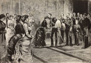 La reine Margherita et Umberto I recevant le prince héritier d