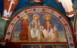 Représentation de Saint Étienne, martyr chrétien, Saint Thomas Becket (1118-1170), archevêque de Canterbury et Saint Nicolas de Myre ou Bari (270-345) Fresque anonyme (13ème siècle) Église inférieure. Monastère de Saint Benedetto (Sacro Speco), Subiaco (Ro - Italian School