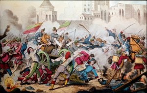Risorgimento : Les combats de Palerme le 26 mai 1860. Expédition des Mille (chemises rouges). Giuseppe Garibaldi (1807-1882) entre Palerme et le peuple en révolte se joignant à lui pour combattre les soldats du royaume bourbonien de Naples. Gravure du XIXe - Italian School