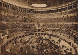 Roma / Rome : Intérieur du Colisée, La chasse aux foires, reconstitution historique (litho)