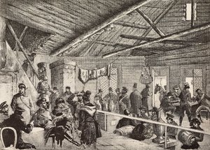 Soldats russes dans une taverne près des fortifications de Varsovie, Pologne, gravure d