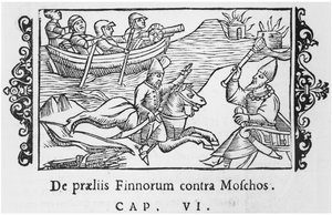 Russes et Finnois se battant, illustration de Historia de Gentibus Septentrionalibus par Olaus Magnus (1490-1558), publié à Rome, 1555