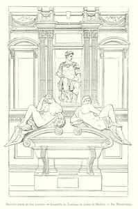 Sacristie neuve de San Lorenzo, Ensemble du Tombeau de Julien de Médicis, Par Michel-Ange (gravure) - Italian School