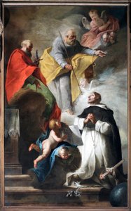 Saint Dominique recevant le bâton de pèlerin et le livre où est inscrit « Vade et prêche » des mains des saints Pierre et Paul