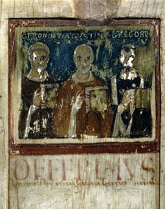 Saint Jérôme, Saint Augustin (354-430), et Saint Grégoire I le Grand (540-604), (détail) du Diptyque de Boèce, vers 487 - Italian School