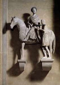 Saint Martin à cheval partageant son manteau avec un mendiant. Sculpture - Italian School