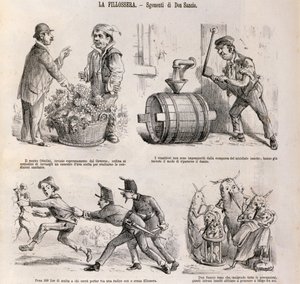 Caricature satirique dédiée à la crise viticole causée par le phylloxéra, illustration du journal satirique Spirito Folletto, 18 septembre