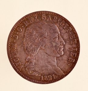 Pièce italienne en argent (écu) du royaume de Sardaigne : règne de Vittorio Emanuele I (Victor Emmanuel I) (1759-1824). 1821. Diam. 3,8 cm Naples, musée archéologique